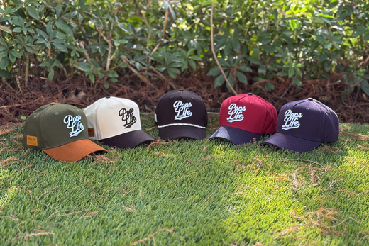 Five PopsLife dad hats in varying color combinations (green/orange, beige/black, black, red/navy, and navy), displayed on a lawn outdoors.