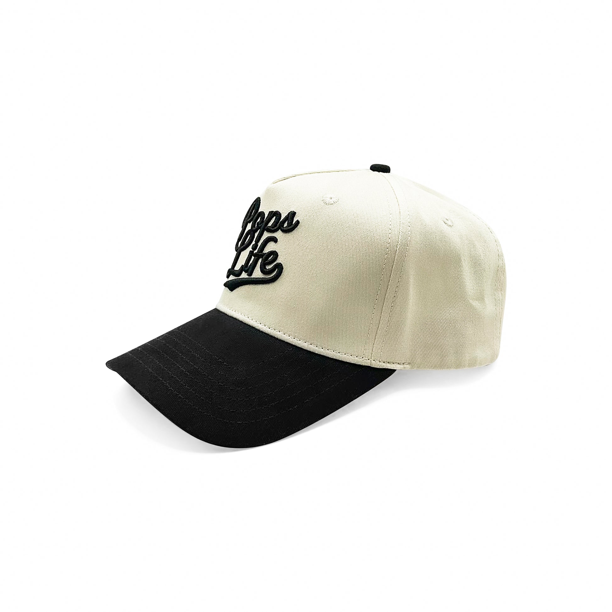 Side view of Pops Life A-Frame dad hat in black and tan, highlighting high-quality stitching.