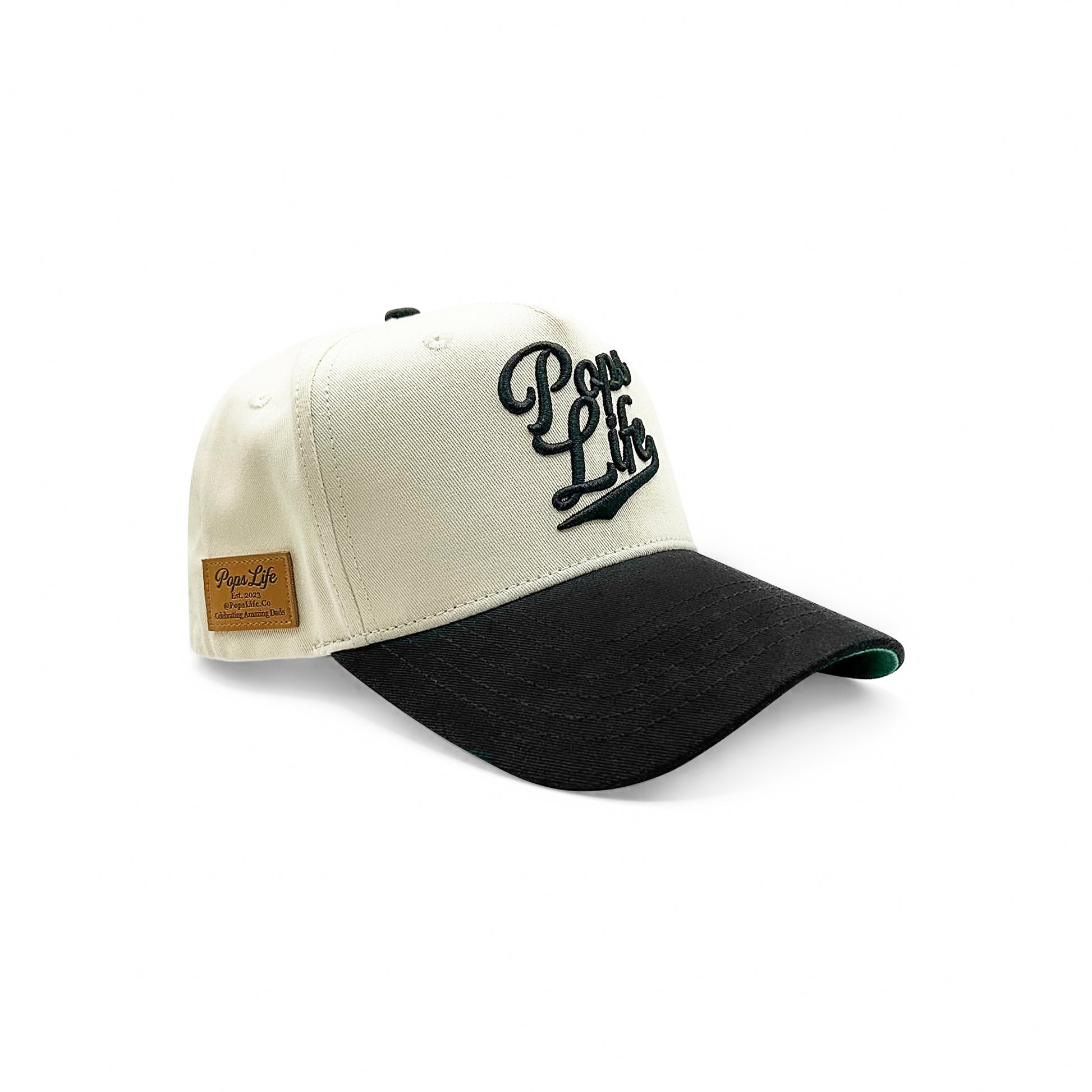 Left-side angle of Pops Life A-Frame dad hat, featuring classic design and quality details.