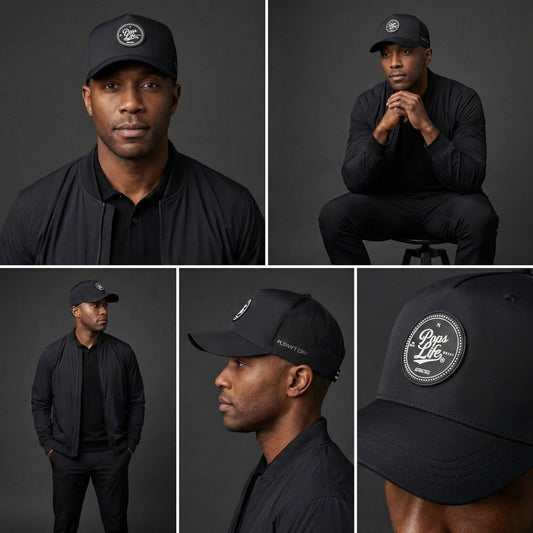 Collage of a man wearing the Pops Life Black Athletics Dad Hat with a logo, sitting and standing against a dark background.