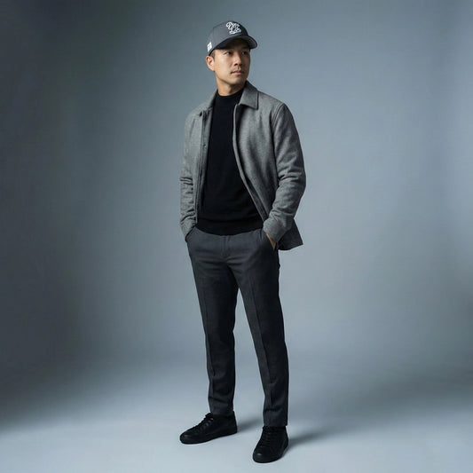 Man wearing a gray jacket, black shirt, gray pants, and black shoes with a Pops Life Gray and Black Dad Hat against a gray background