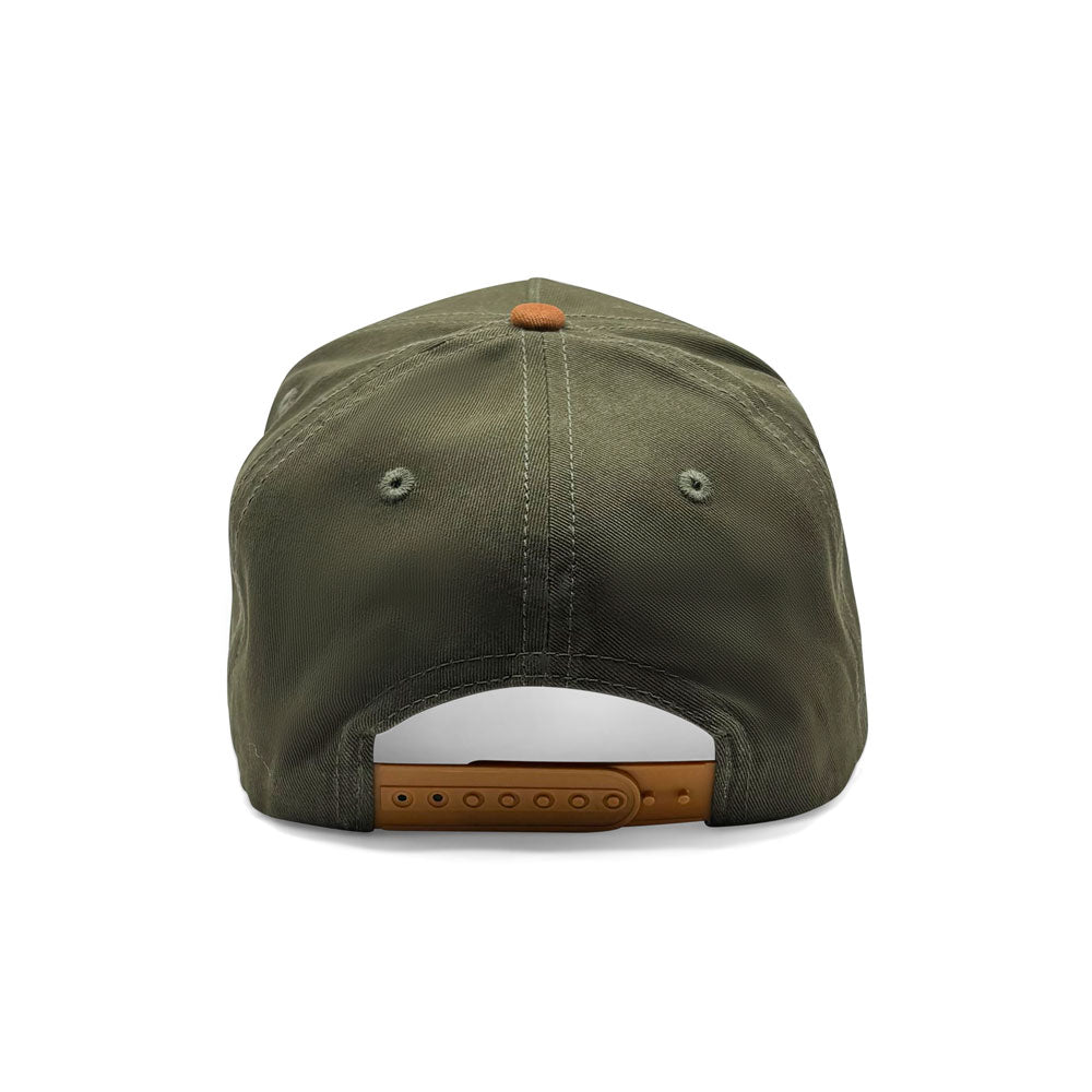 Back view of Pops Life hunter green dad hat with adjustable tan snapback closure.