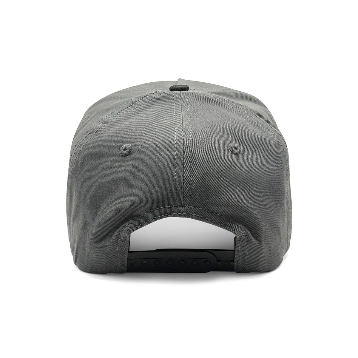 Rear view of the grey Pops Life hat featuring a black adjustable snapback closure.
