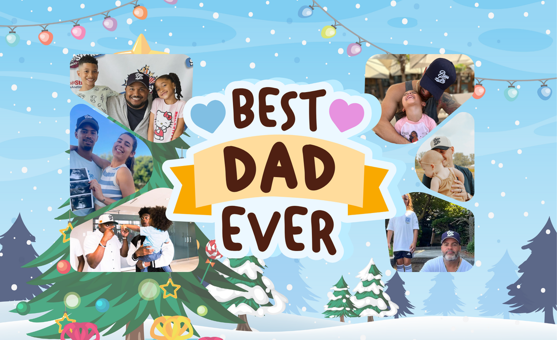 Best Dad Ever graphic featuring heartwarming photos of dads with their kids, set against a festive, winter holiday background.