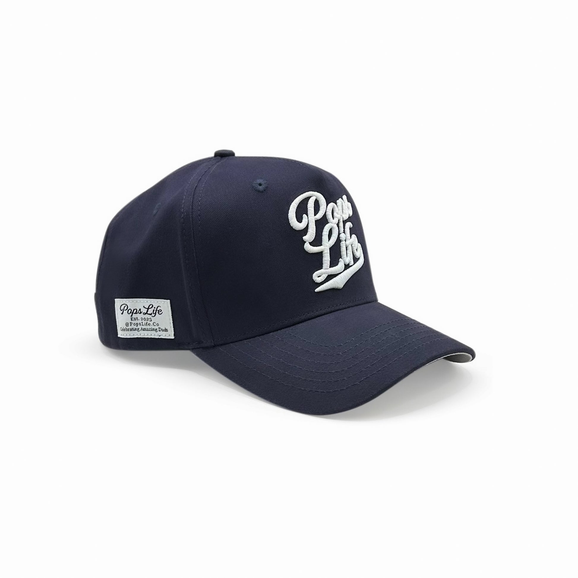 Pops Life A-Frame dad hat in navy blue with logo patch on the side, designed for modern dads.