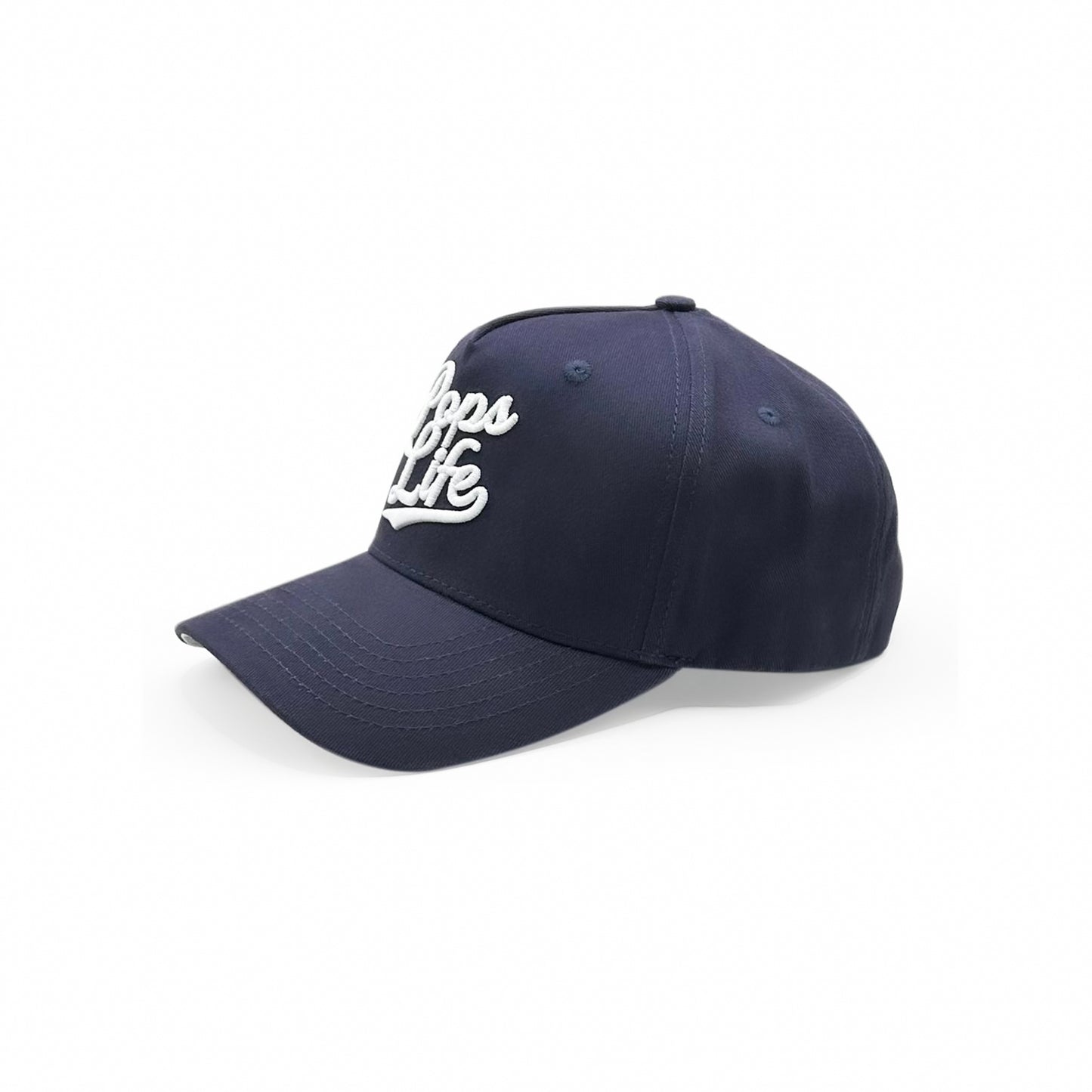 Side angle of Pops Life navy dad hat, highlighting the sleek white logo on the cap.