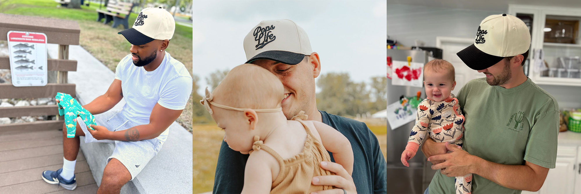 Dad hats styled on different dads for outdoor and bonding moments.