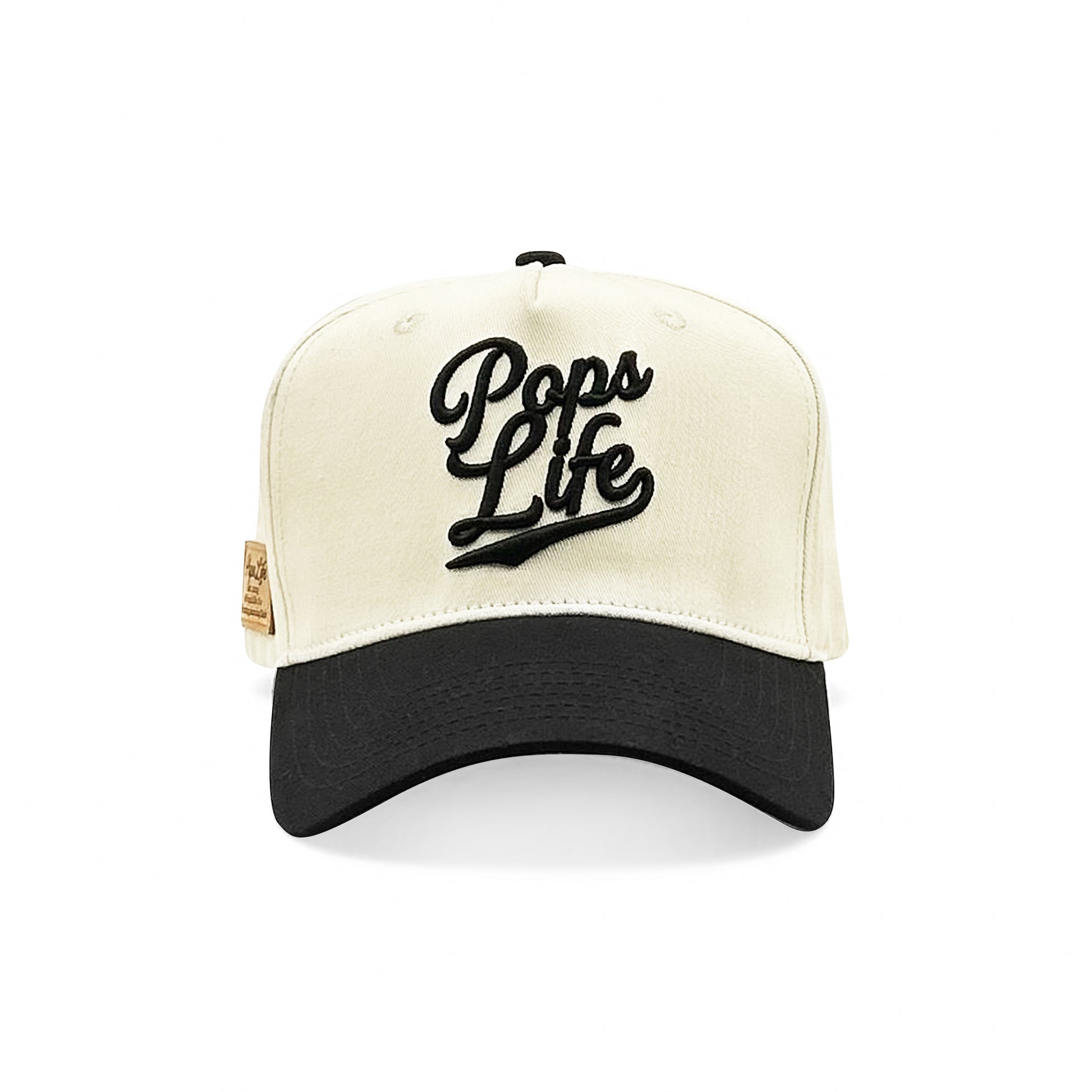 Front view of Pops Life A-Frame dad hat in black and tan, showing stylish Pops Life logo.