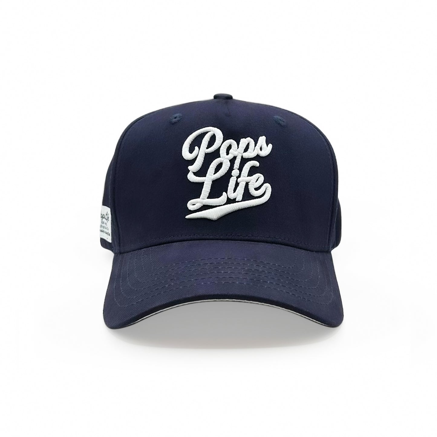 Front view of Pops Life A-Frame dad hat in navy blue with bold white Pops Life logo.