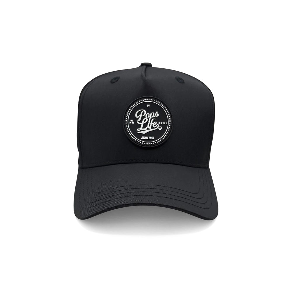 Pops Life Black Athletic Dad Hat with a circular logo on a white background
