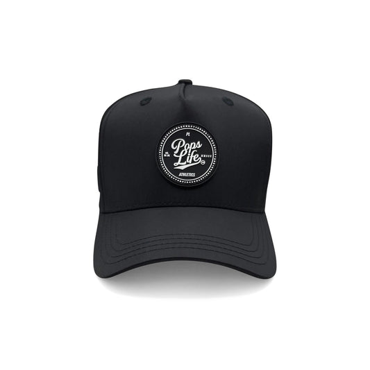 Pops Life Black Athletic Dad Hat with a circular logo on a white background