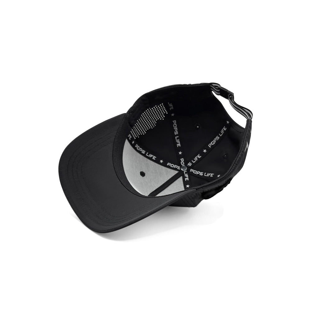 Black cap with text and design on a white background