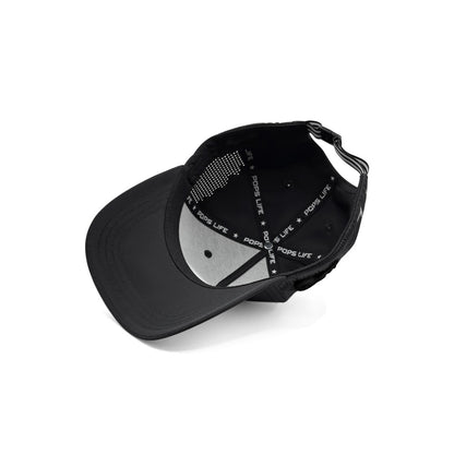 Black cap with text and design on a white background