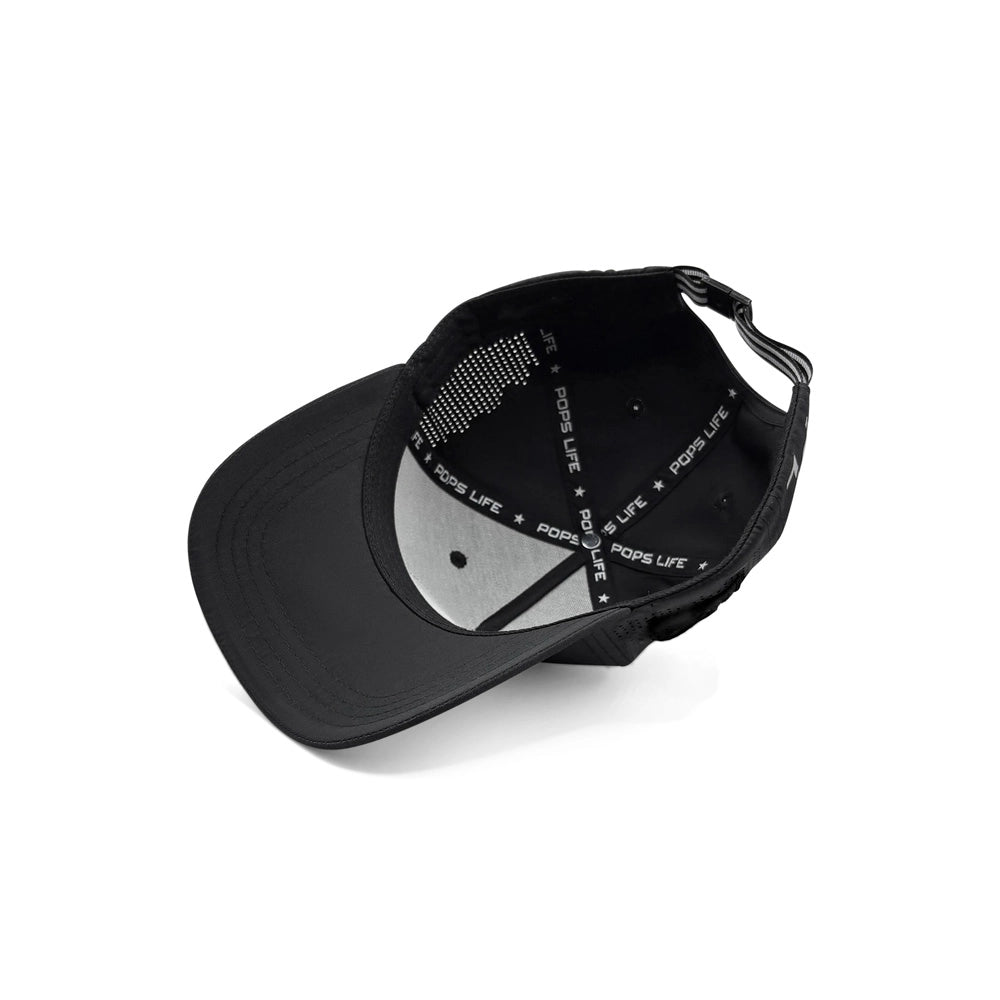 Pops Life Athletic Black Dad Hat with text and logo on a white background