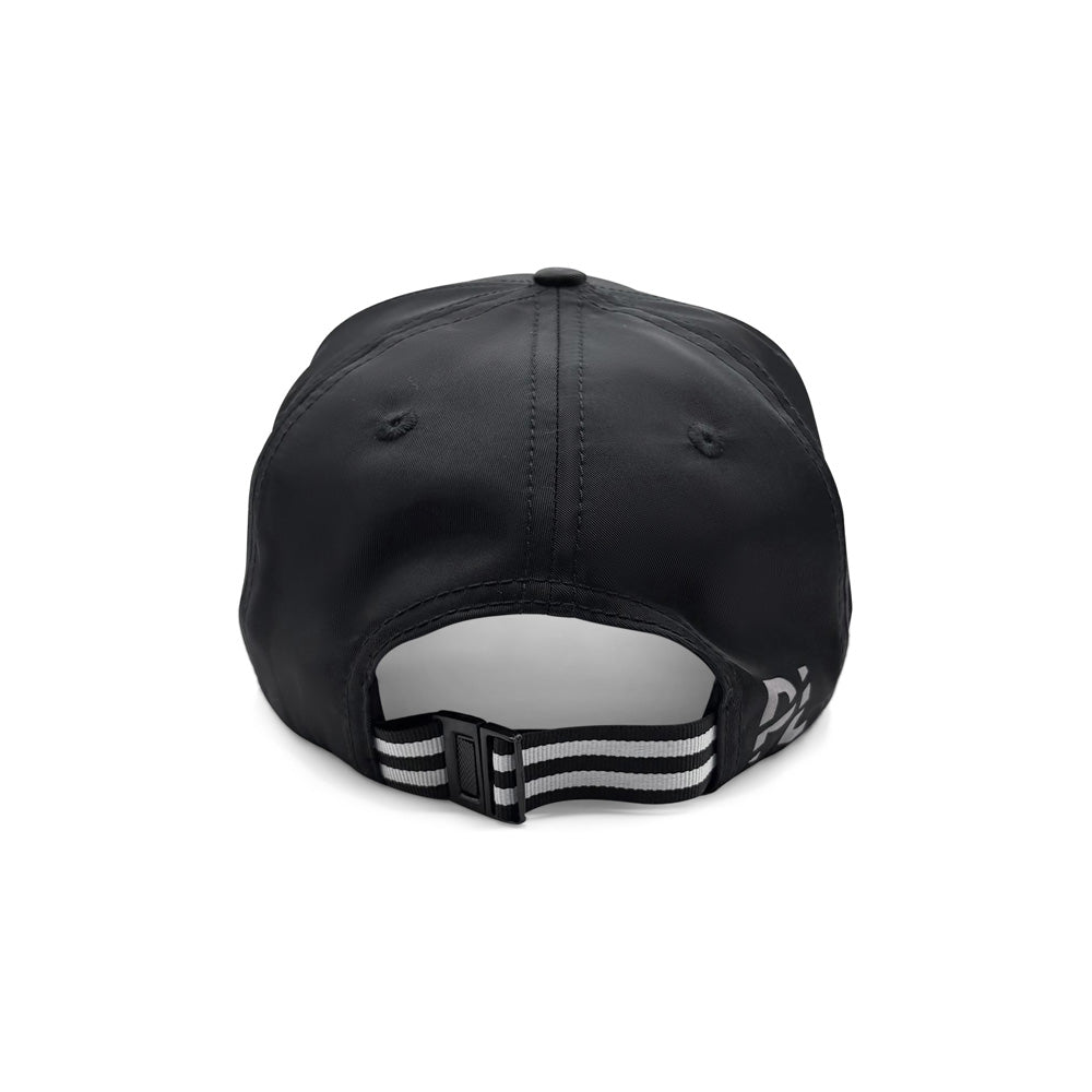 Black cap with a white logo on the back on a white background