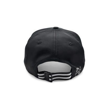 Black cap with a white logo on the back on a white background