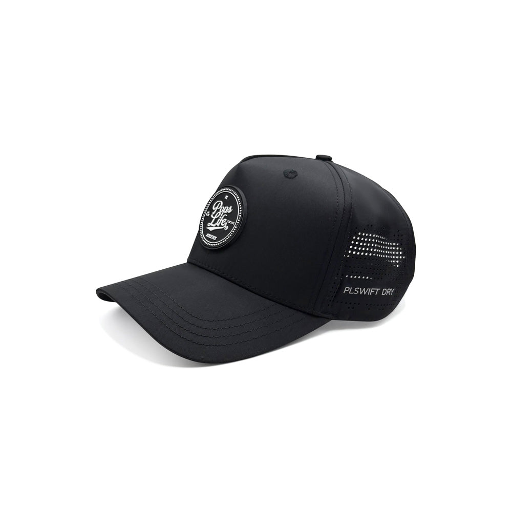 Black cap with a logo and text on a white background