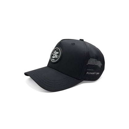 Black cap with a logo and text on a white background