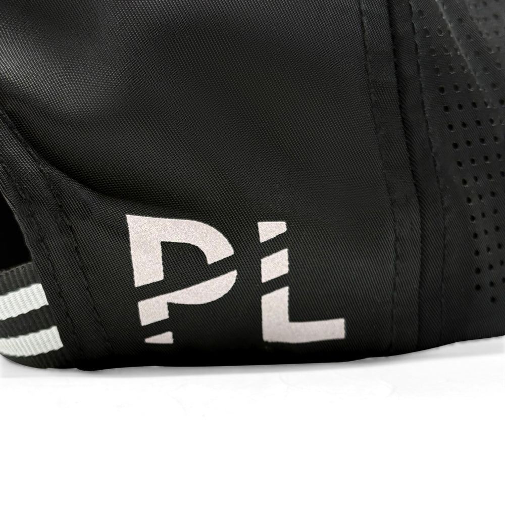 Black bag with a white logo on a white background