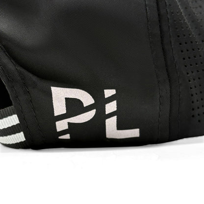 Black bag with a white logo on a white background