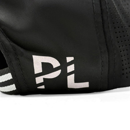 Pops Life Black Dad Hat with white logo and stripes on a white background