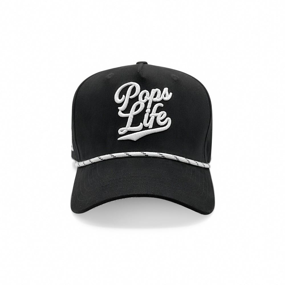 Front view of the best black dad hat with bold white Pops Life embroidery and rope accent.