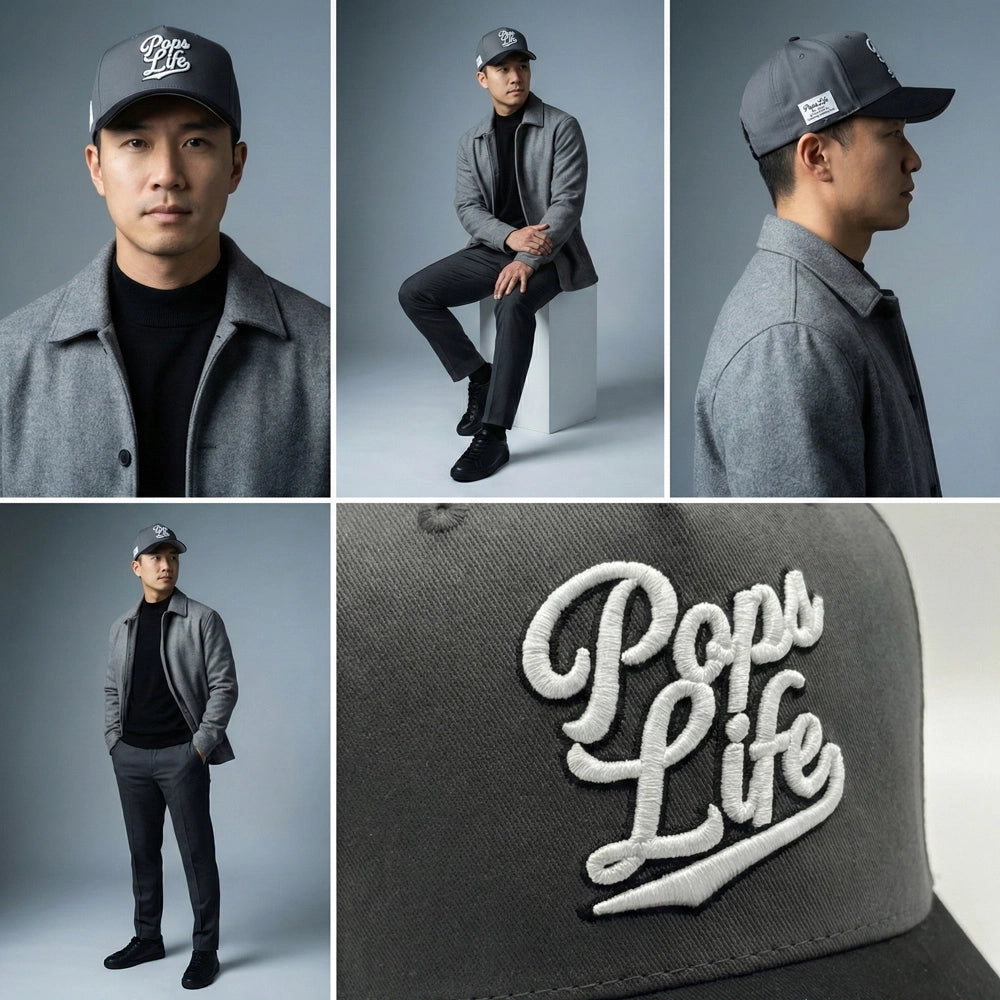 Collage of a man wearing a Pops Life Gray and Black Dad Hat with 'Pops Life' branding, sitting on a stool, and posing in different angles against a gray background.
