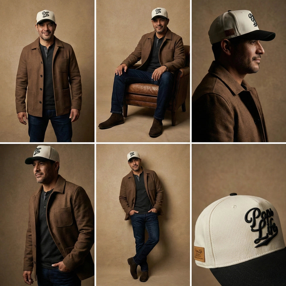 Collage of a man wearing a brown jacket and Pops Life Tan and Black Dad Hat with 'Pops Life' text on a beige background