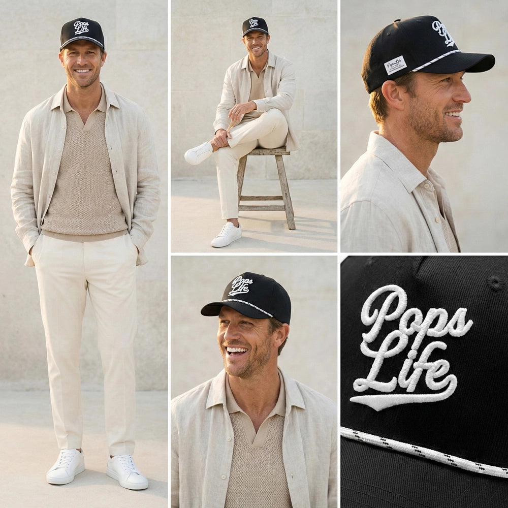 Collage of a man wearing a beige outfit with a Pops Life Black Dad Hat with a white rope, sitting on a stool, and standing against a neutral background.