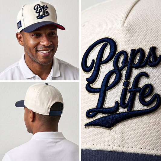 Collage of a man wearing a Pops Life Blue and Tan Dad Hat, close-up of the text on the cap, and the cap from different angles.