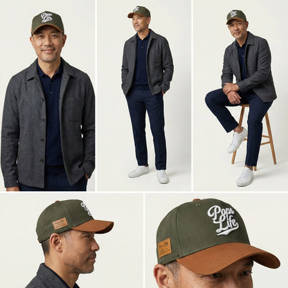 Collage of a man wearing a gray jacket and navy pants with a Pops Life Hunter Green Dad Hat, sitting on a stool.