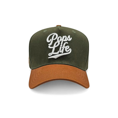 Front view of Pops Life hunter green dad hat with white embroidered logo and tan bill.