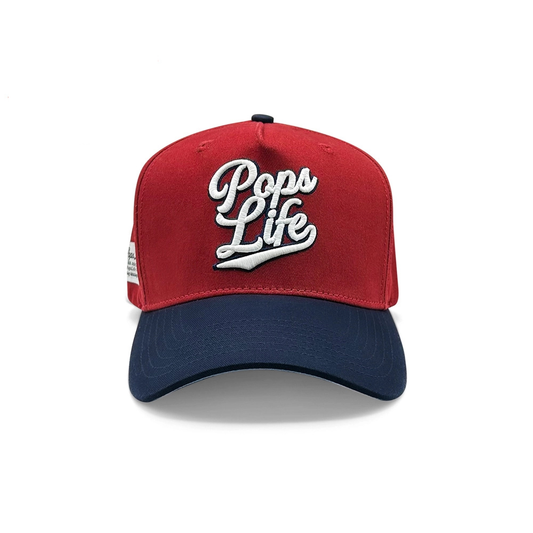 Pops Life Maroon and Navy Dad Hat with 'Pops Life' text and limited edition label on a white background