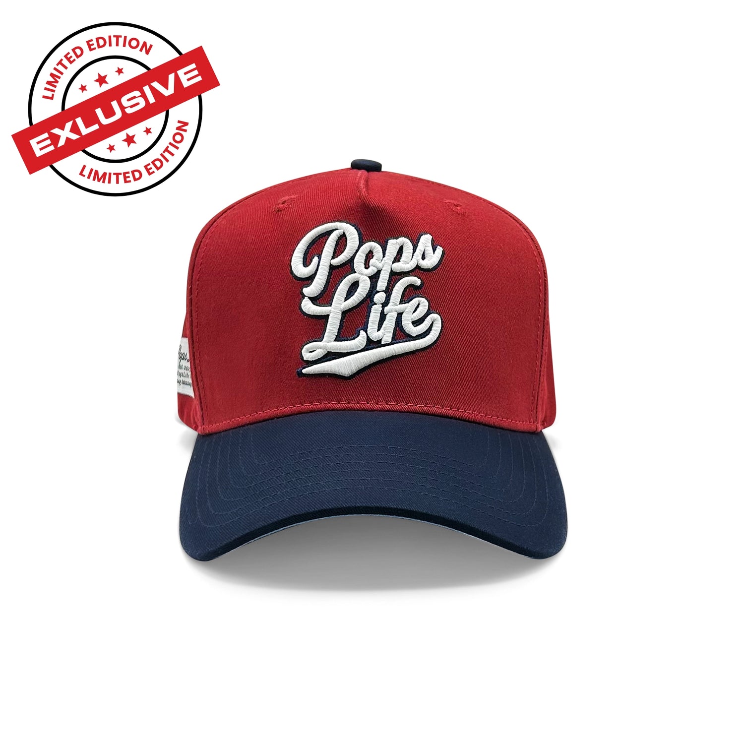 A front view of the Pops Life Maroon Blue Dad Hat labeled as "Limited Edition," featuring the embroidered logo, maroon crown, and navy brim, alongside an exclusive badge indicating its exclusivity.