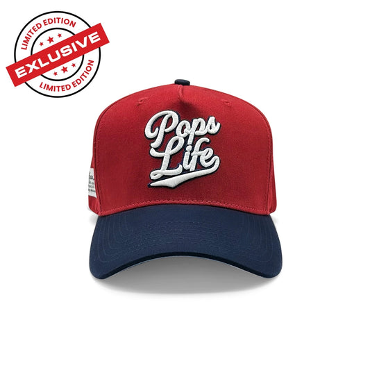 Pops Life Maroon and Navy Dad Hat with 'Pops Life' text and limited edition label on a white background
