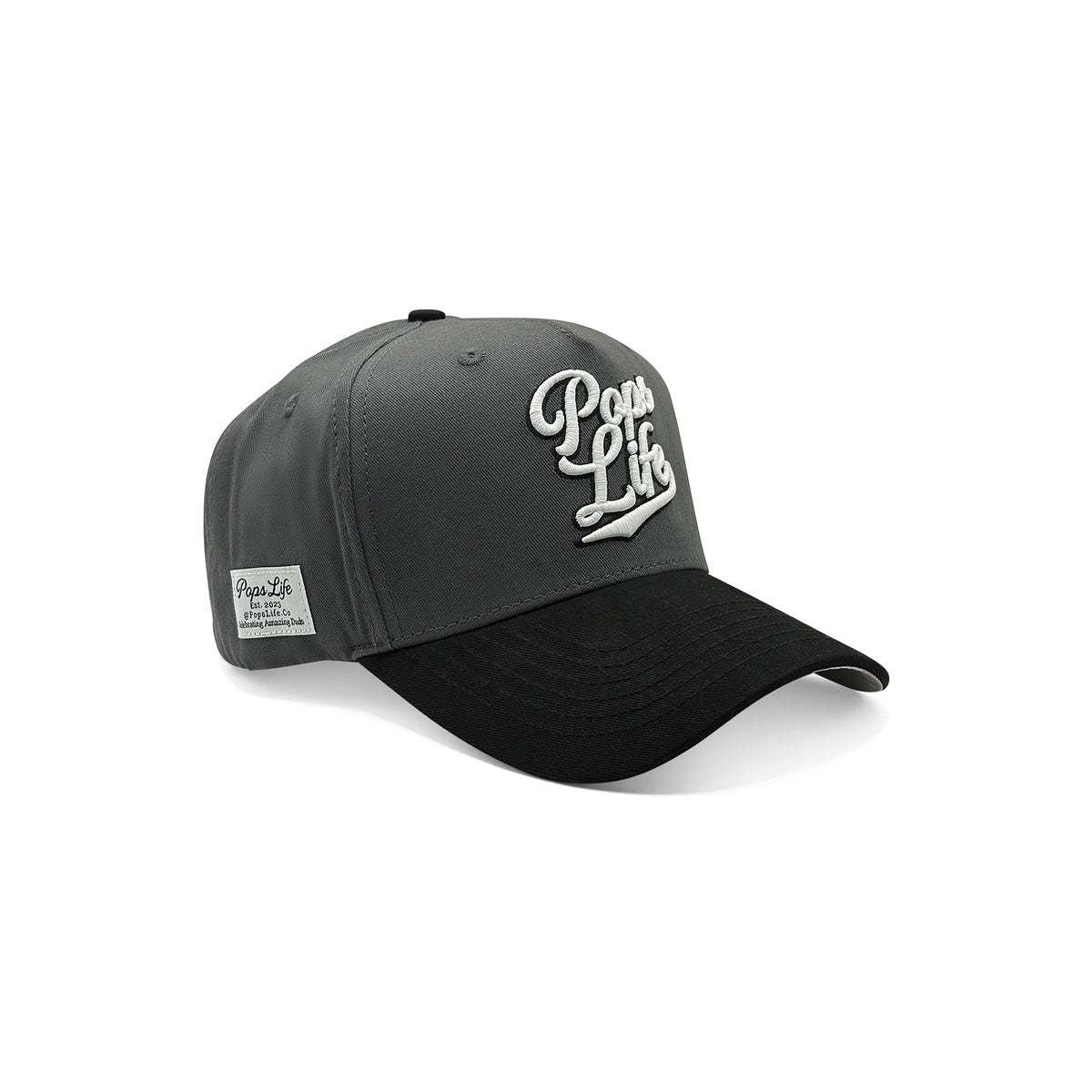 Grey and black Pops Life dad hat with raised white embroidered logo on front and side label detail.