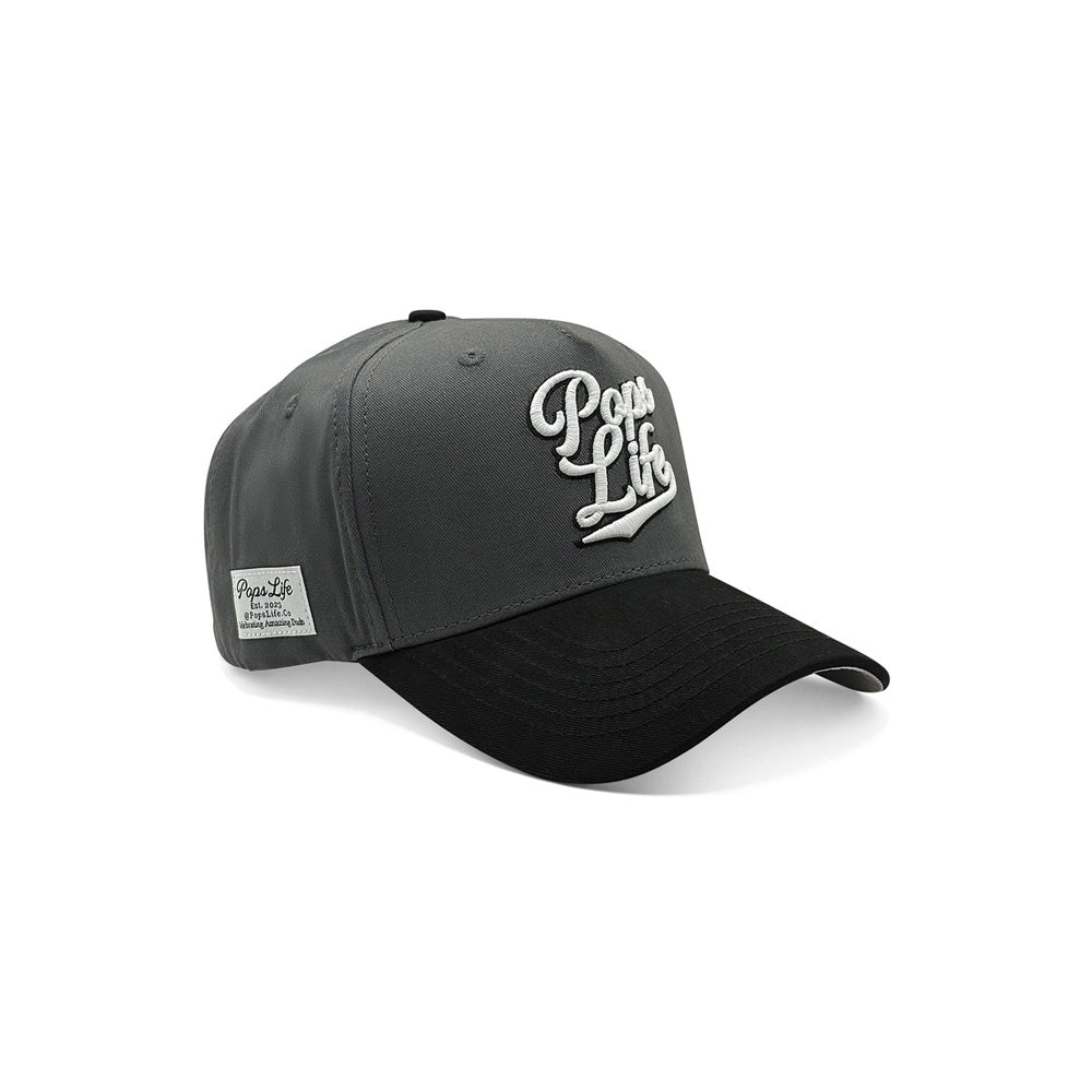 Pops Life Gray and Black Dad Hat with 'Papa Life' logo on a white background