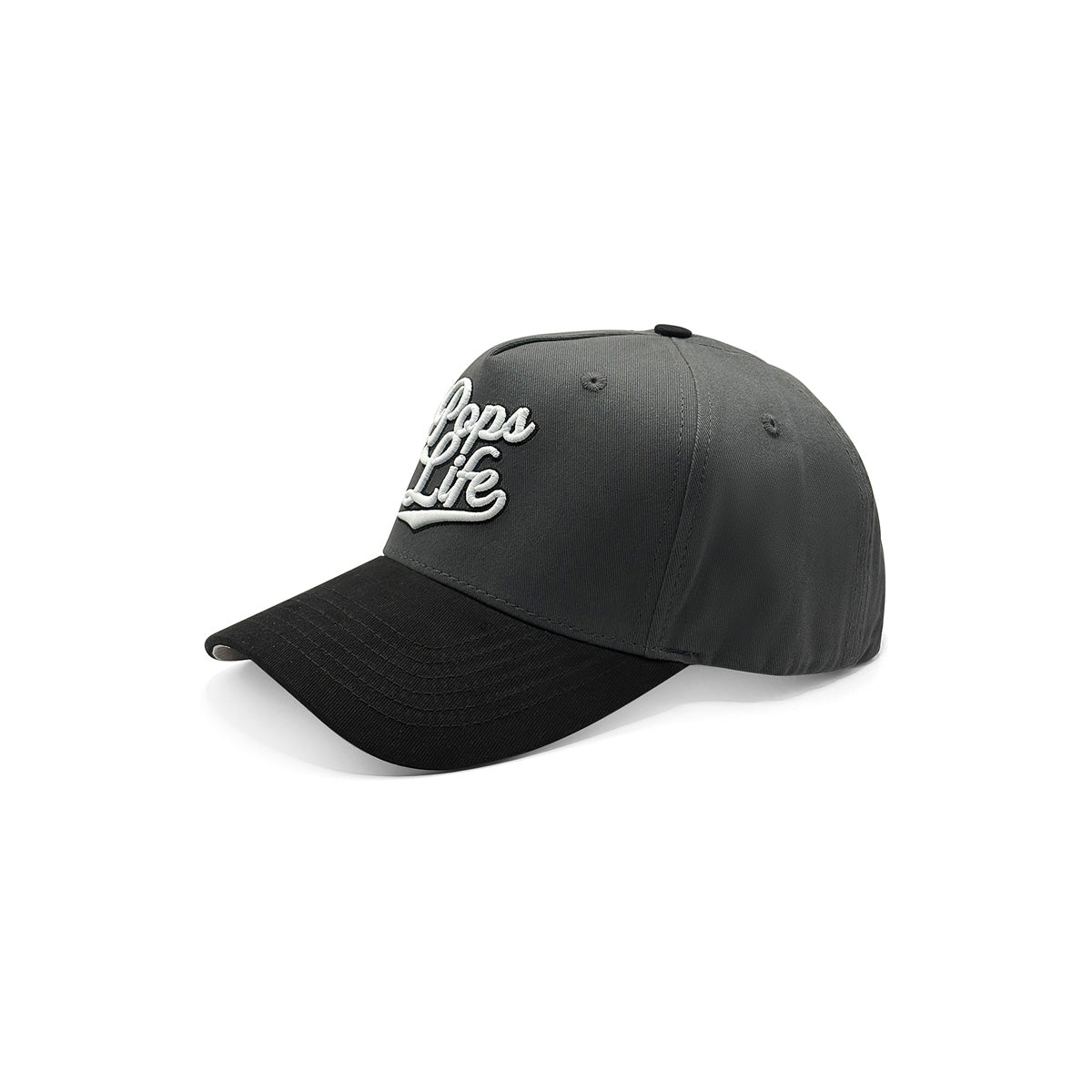 Side profile of Pops Life dad hat highlighting curved black brim and tonal stitching on grey panels.