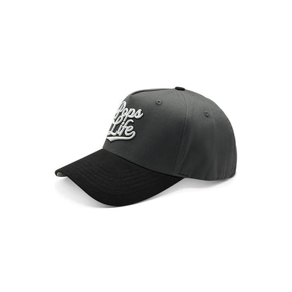 Pops Life Gray and Black Dad Hat with white text on a white background