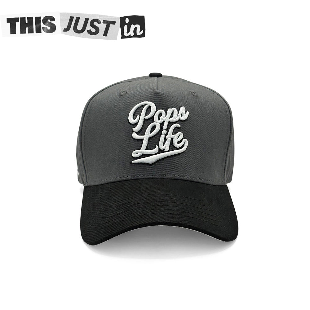 Pops Life Gray and Black Dad Hat with 'Pops Life' text on a white background