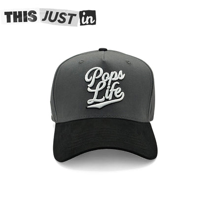 Pops Life Gray and Black Dad Hat with 'Pops Life' text on a white background