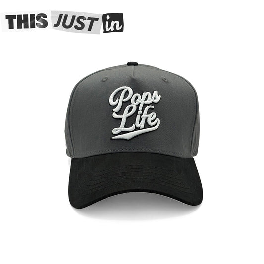 Pops Life Gray and Black Dad Hat with 'Pops Life' text on a white background