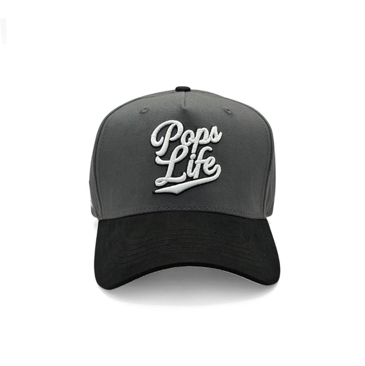 Pops Life Gray and Black Dad Hat with 'Pops Life' text on a white background