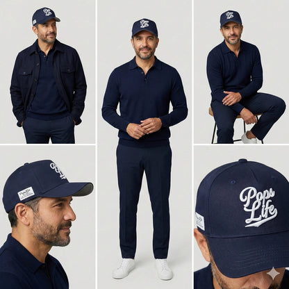 Collage of a man wearing navy blue clothing with Pops Life Navy blue Dad Hat  on a light gray background