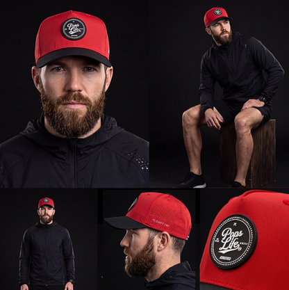 Collage of a man wearing the Pops Life Red and Black Athletics Dad Hat with a logo, sitting and standing against a dark background.
