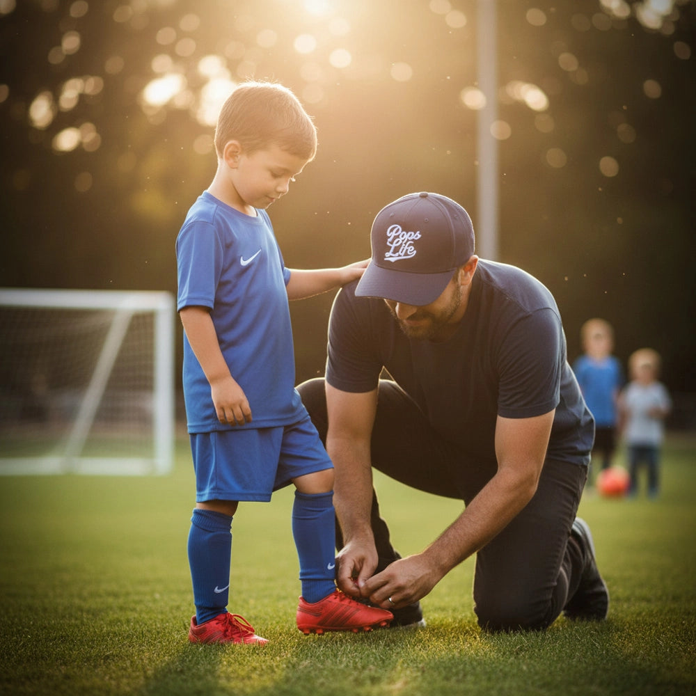 Man helping a young boy with his soccer cleats on a soccer field.